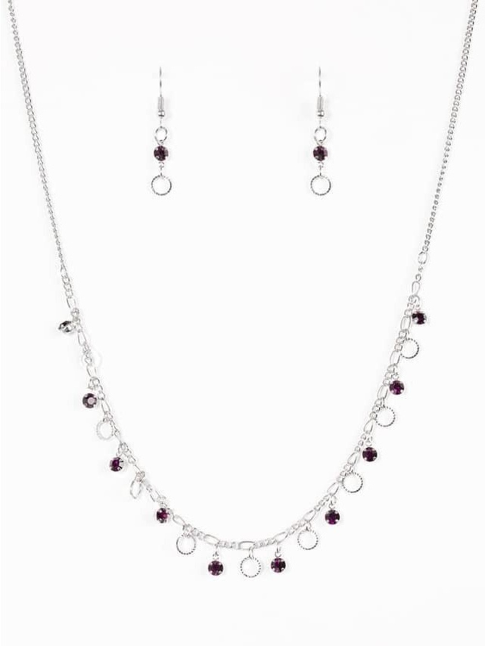 Silver Necklace and Earring Set with Purple Gem Accents
